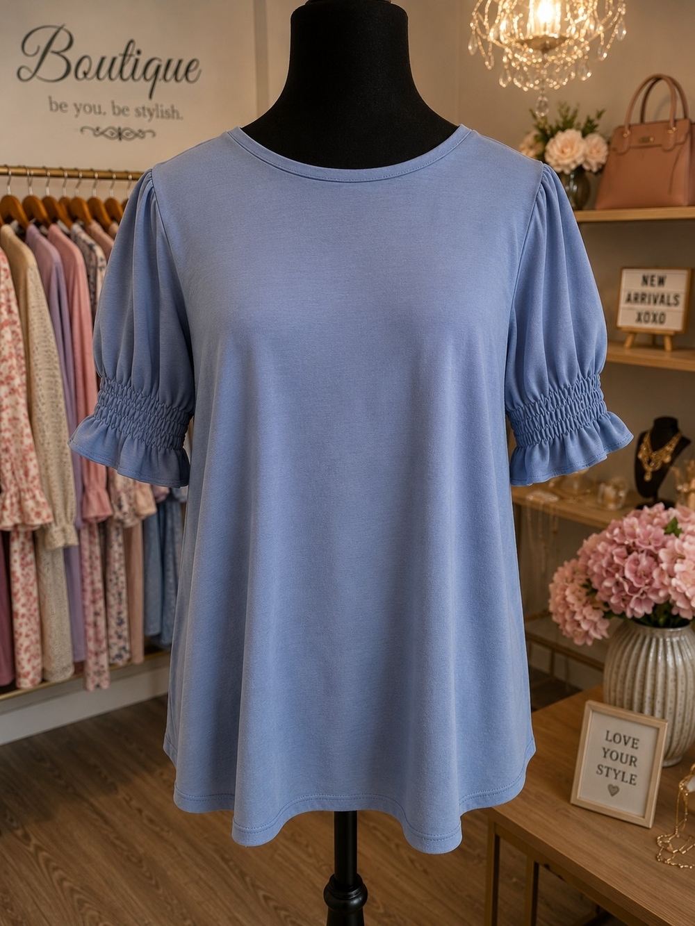 Smocked Sleeve Crewneck Top — Dusty Blue